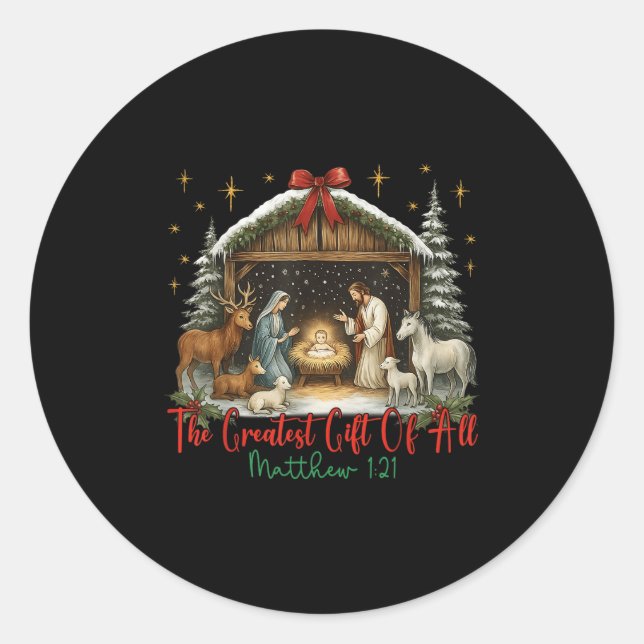 Jesus Nativity Scene The Greatest Of All Merry Chr Classic Round Sticker (Front)