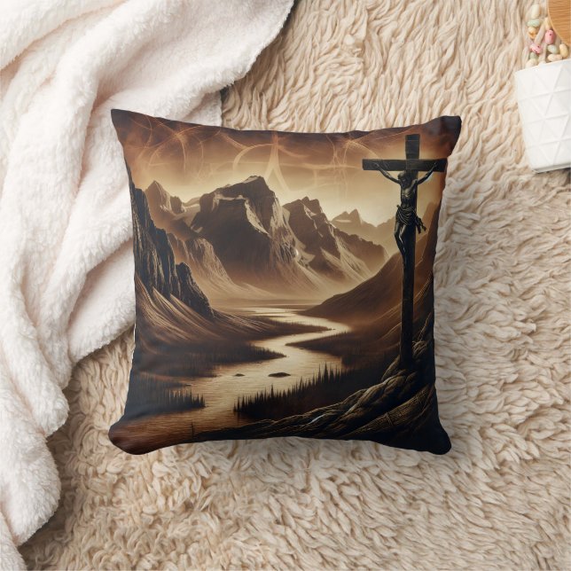 Jesus on Cross in Peaceful Mountains Throw Pillow (Blanket)