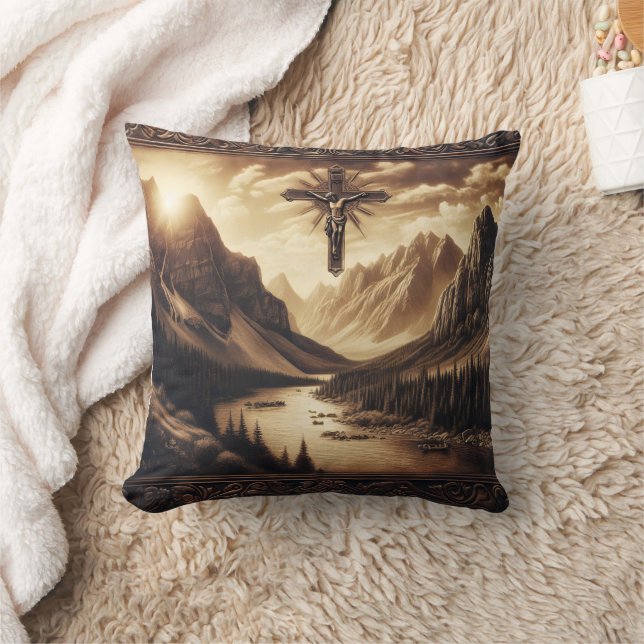 Jesus on Cross With Mountain View Throw Pillow (Blanket)