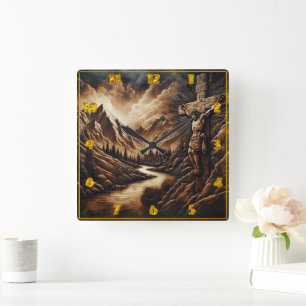 Jesus on Cross With Mountains and River Square Wall Clock