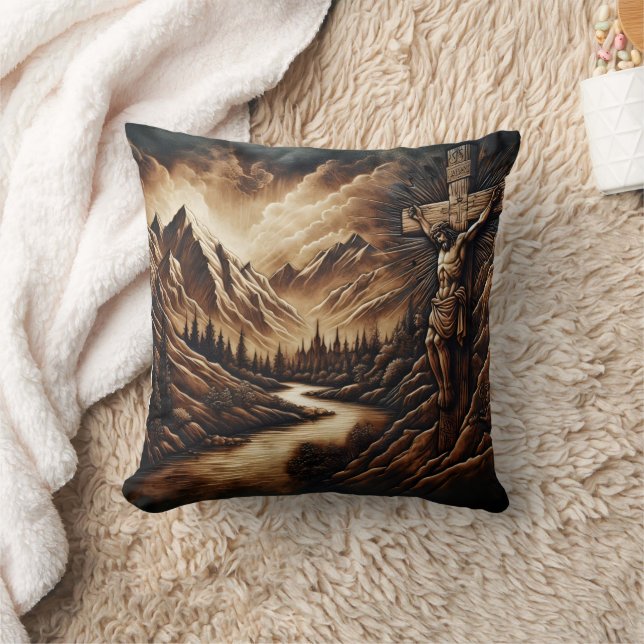 Jesus on Cross With Mountains and River Throw Pillow (Blanket)