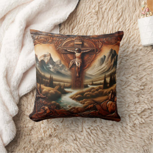 Jesus on the Cross in Serene Mountain Landscape Throw Pillow