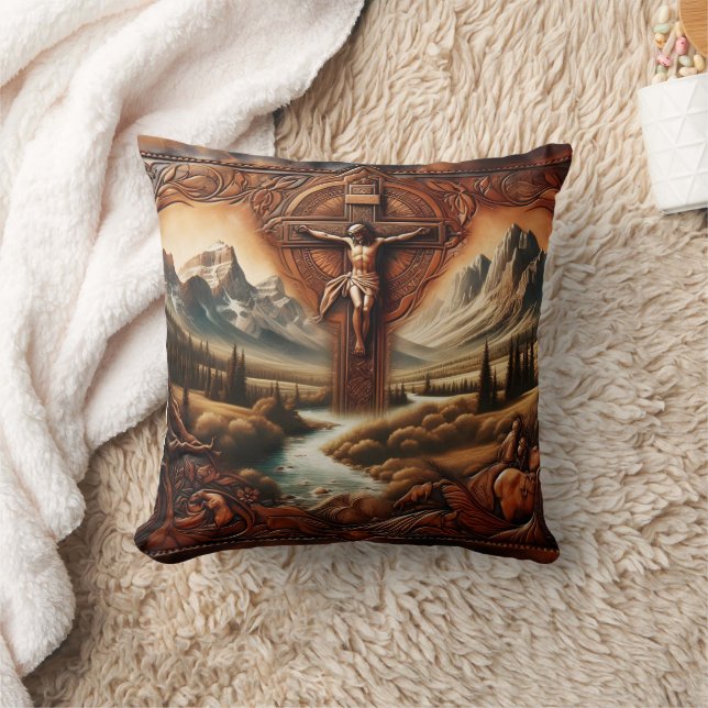 Jesus on the Cross in Serene Mountain Landscape Throw Pillow (Blanket)