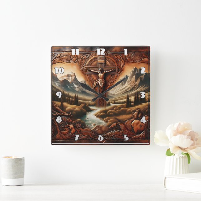Jesus on the Cross Surrounded by Nature at Sunset Square Wall Clock (Home)