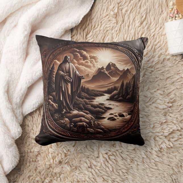 Jesus Overlooking a Serene Mountain Stream Throw Pillow (Blanket)
