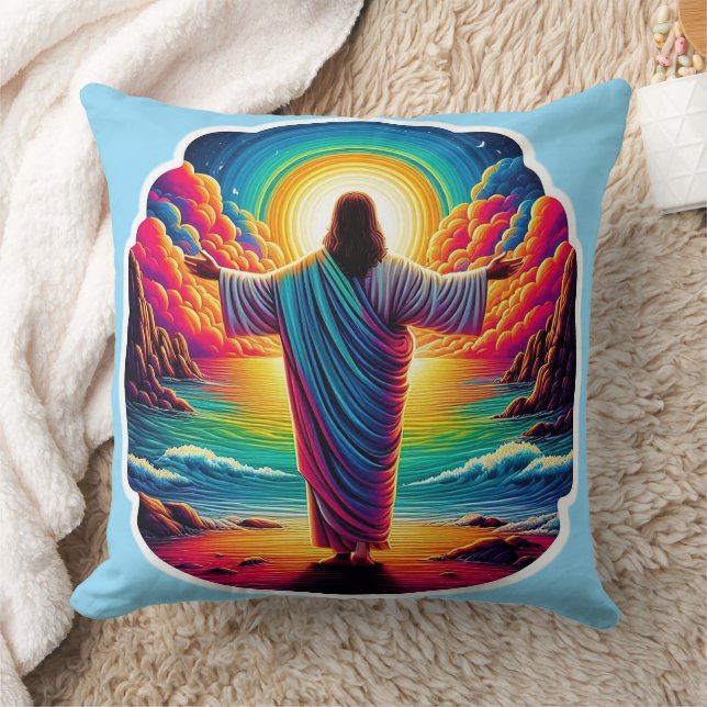 Jesus overlooking colourful sky throw pillow (Blanket)