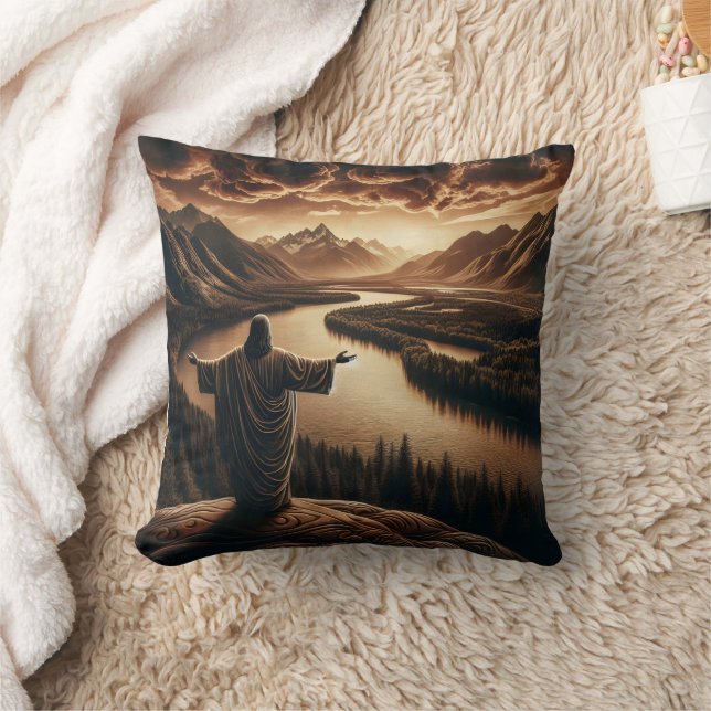Jesus Overlooking the Serene River Valley at Dusk Throw Pillow (Blanket)