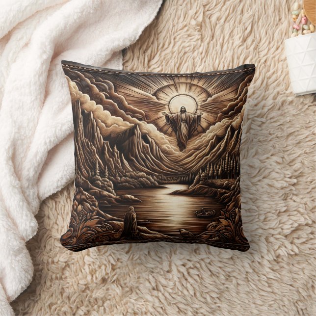 Jesus Overlooks Calm Dawn Mountain View Throw Pillow (Blanket)