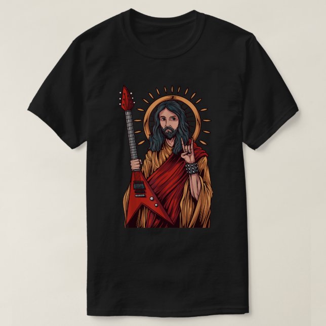 Jesus Playing Heavy Metal Guitar T-Shirt (Design Front)
