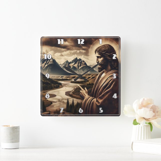 Jesus Pointing Towards Majestic Mountain Landscape Square Wall Clock (Home)