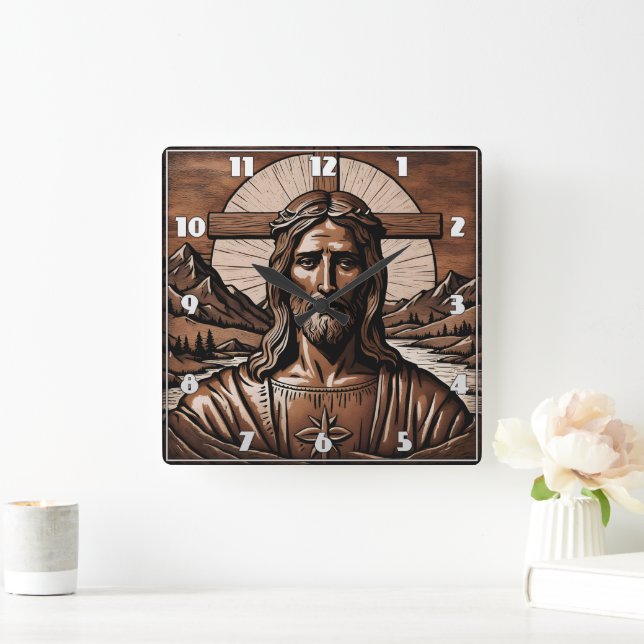 Jesus Portrait Surrounded by Mountains and Cross Square Wall Clock (Home)