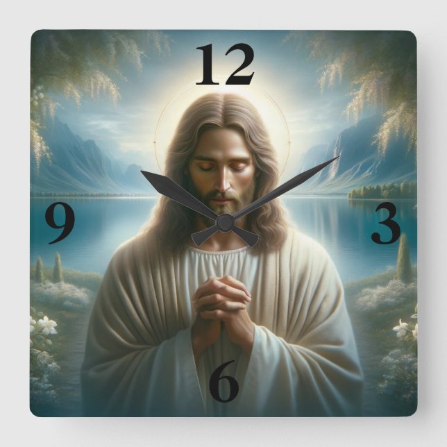 Jesus Praying Square Wall Clock (Front)