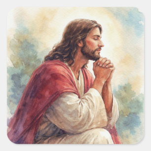 Jesus Praying Watercolor Art Christian Faith Square Sticker
