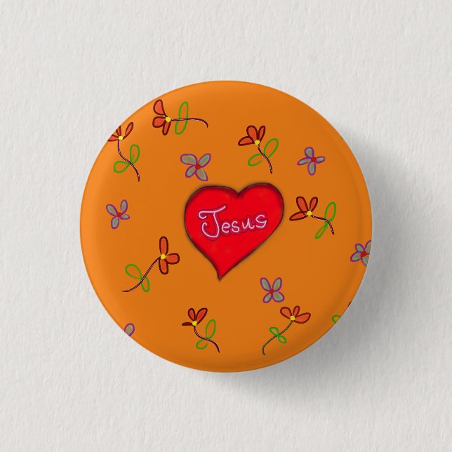 Jesus Red Heart Floral Orange Christian 1 Inch Round Button (Front)