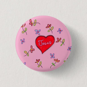 Jesus Red Heart Floral Pink Christian 1 Inch Round Button