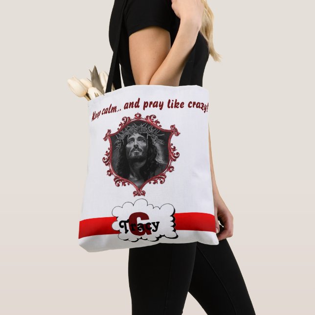 Jésus Restez calme et priez comme un sac monogramm (De près)