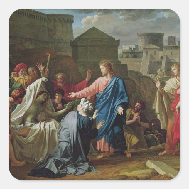 Jesus Resurrecting the Son of the Widow of Naim Square Sticker (Front)