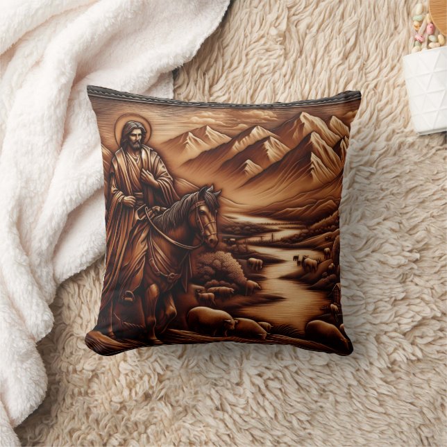 Jesus Riding a Horse Through Serene Mountains Throw Pillow (Blanket)