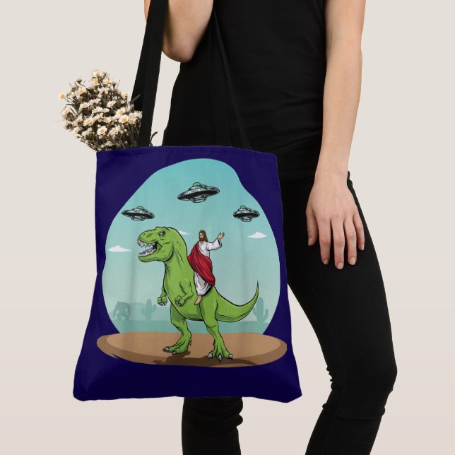 Jesus Riding Dinosaur Alien Galaxy  Tote Bag (Close Up)