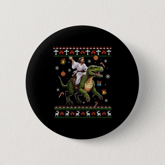 Jesus Riding Dinosaur Funny Meme Ugly Christmas Sw 2 Inch Round Button (Front)