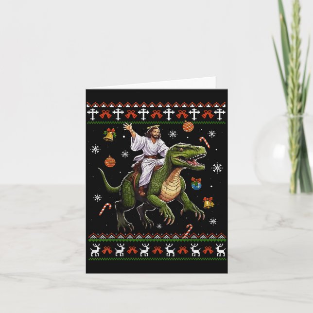 Jesus Riding Dinosaur Funny Meme Ugly Christmas Sw Card (Front)
