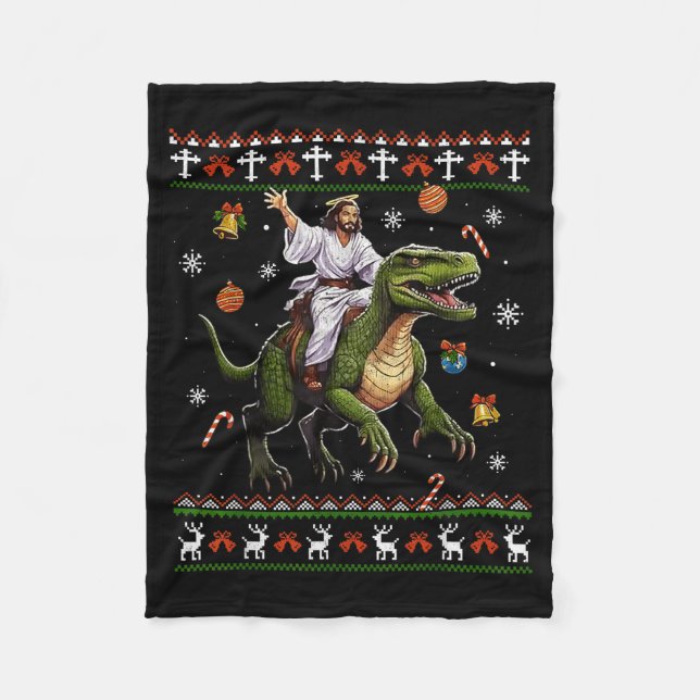 Jesus Riding Dinosaur Funny Meme Ugly Christmas Sw Fleece Blanket (Front)
