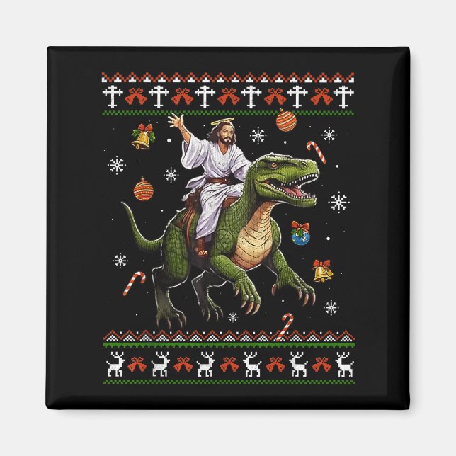 Jesus Riding Dinosaur Funny Meme Ugly Christmas Sw Magnet (Front)