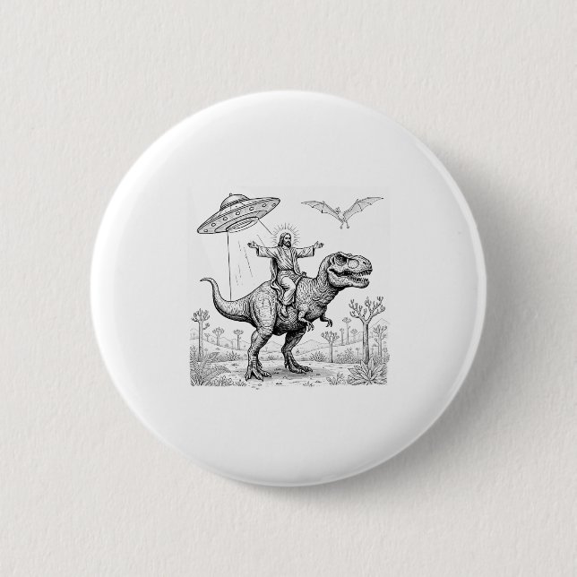 Jesus Riding Dinosaur T-rex Ufo Hunting Alien Sci- 2 Inch Round Button (Front)