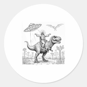 Jesus Riding Dinosaur T-rex Ufo Hunting Alien Sci- Classic Round Sticker