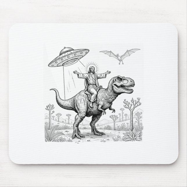Jesus Riding Dinosaur T-rex Ufo Hunting Alien Sci- Mouse Pad (Front)