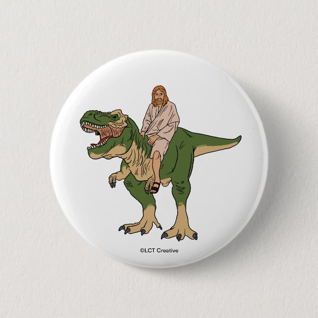 Jesus Riding T-Rex 2 Inch Round Button (Front)