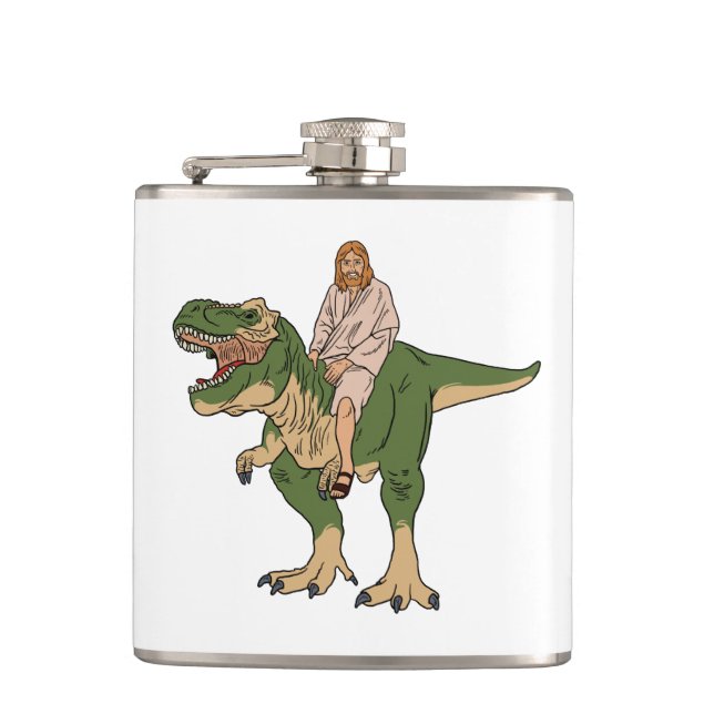 Jesus Riding T-Rex Hip Flask (Front)