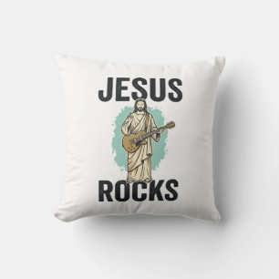 Jesus Rocks Guitar Vintage Christian Engraving Des Throw Pillow