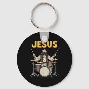 Jesus Rocks Music Funny Christian Drummer Design Keychain