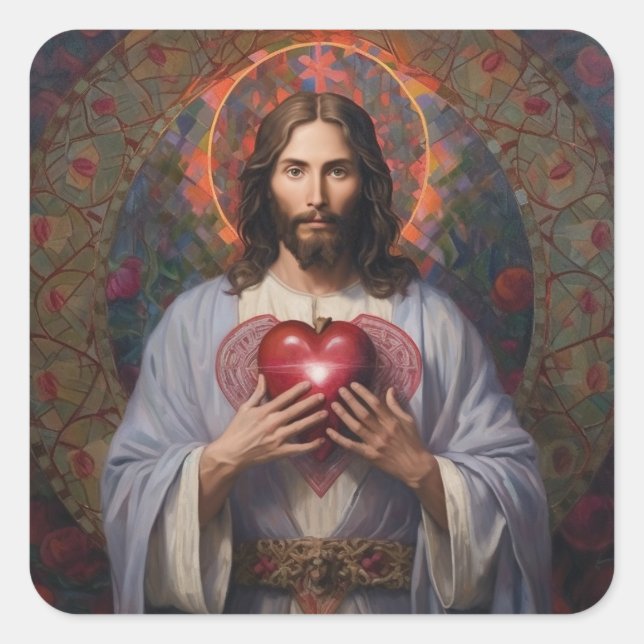 Jesus sacred heart oil painting square sticker (Front)