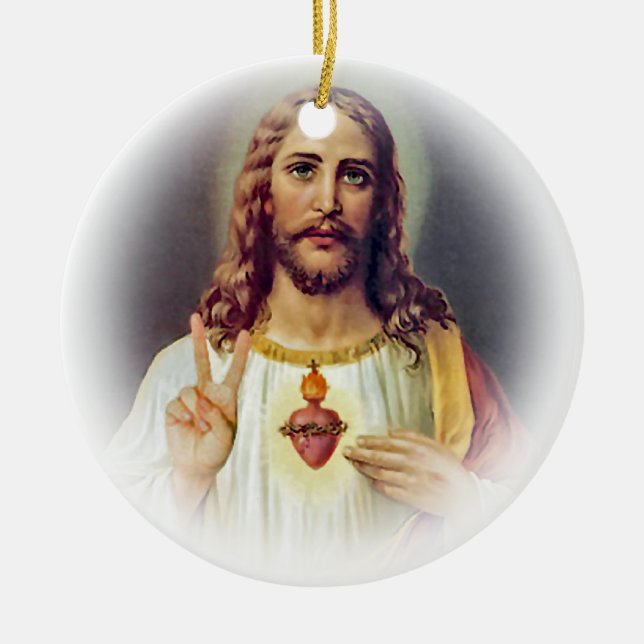 Jesus Sacred Heart Peace Sign Portrait Ceramic Ornament (Front)