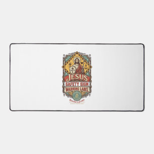 Jesus Safety Sign Warning Label Jesus Safety Sign Desk Mat