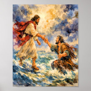Jésus sauvant Pierre Affiche d'art chrétien