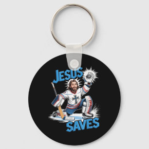 Jesus Save Hockey Goalie Ice Skating Sports Skater Keychain
