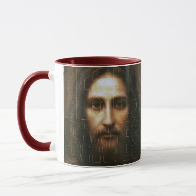 JESUS SAVES AWESOME GEAR BY EKLEKTIX MUG (Left)