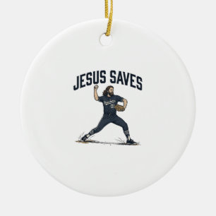Jesus Saves Baseball Pitcher Vintage Engraving Shi Ceramic Ornament