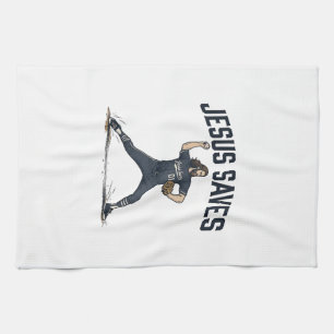 Jesus Saves Baseball Pitcher Vintage Engraving Shi Kitchen Towel