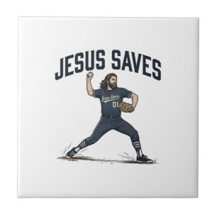 Jesus Saves Baseball Pitcher Vintage Engraving Shi Tile