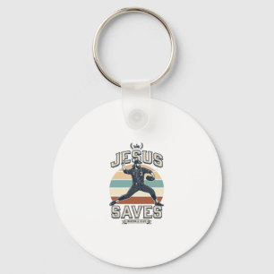 Jesus Saves Baseball Vintage Christian Vector Desi Keychain