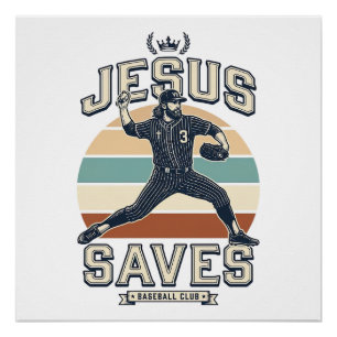 Jesus Saves Baseball Vintage Christian Vector Desi Poster