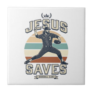 Jesus Saves Baseball Vintage Christian Vector Desi Tile
