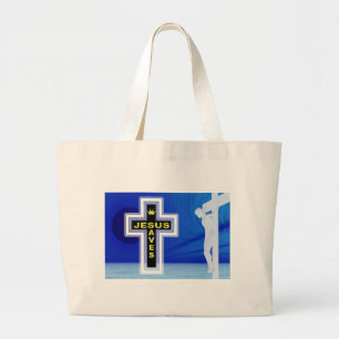 Jesus saves crucifixion picture large tote bag