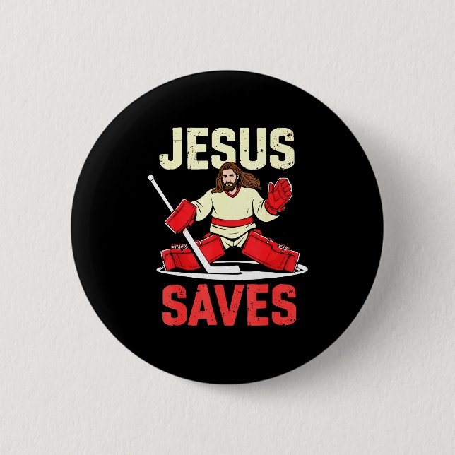 Jesus Saves Ice Hockey Goalie Player Christian Fun 2 Inch Round Button (Front)