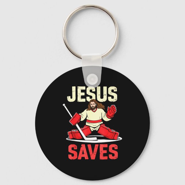 Jesus Saves Ice Hockey Goalie Player Christian Fun Keychain (Front)