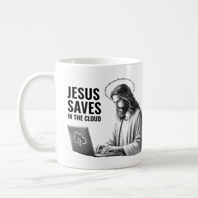 Jesus Saves in the Cloud - Funny Jesus Meme Coffee Mug (Left)